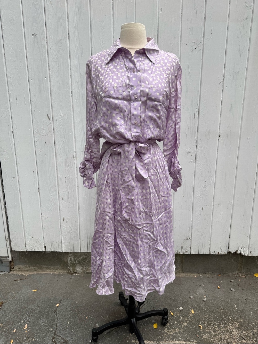 Bob Mackie Lilac Polka Dot Shirt Dress with Waist Tie